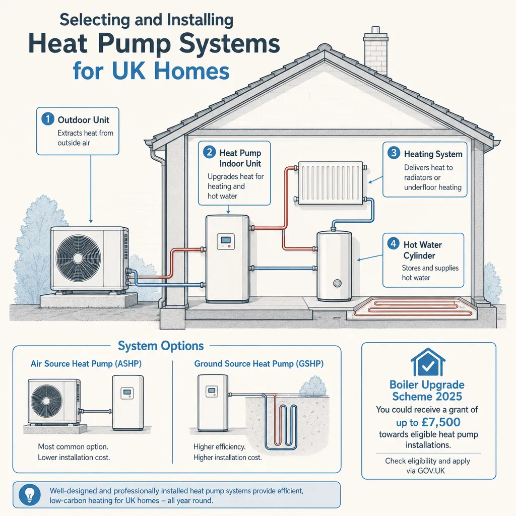 Diagram illustrating: Selecting and Installing Heat Pump Systems for UK Homes