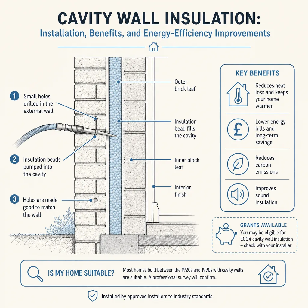 Diagram illustrating: Cavity Wall Insulation: Installation, Benefits, and Energy-Efficiency Improvements