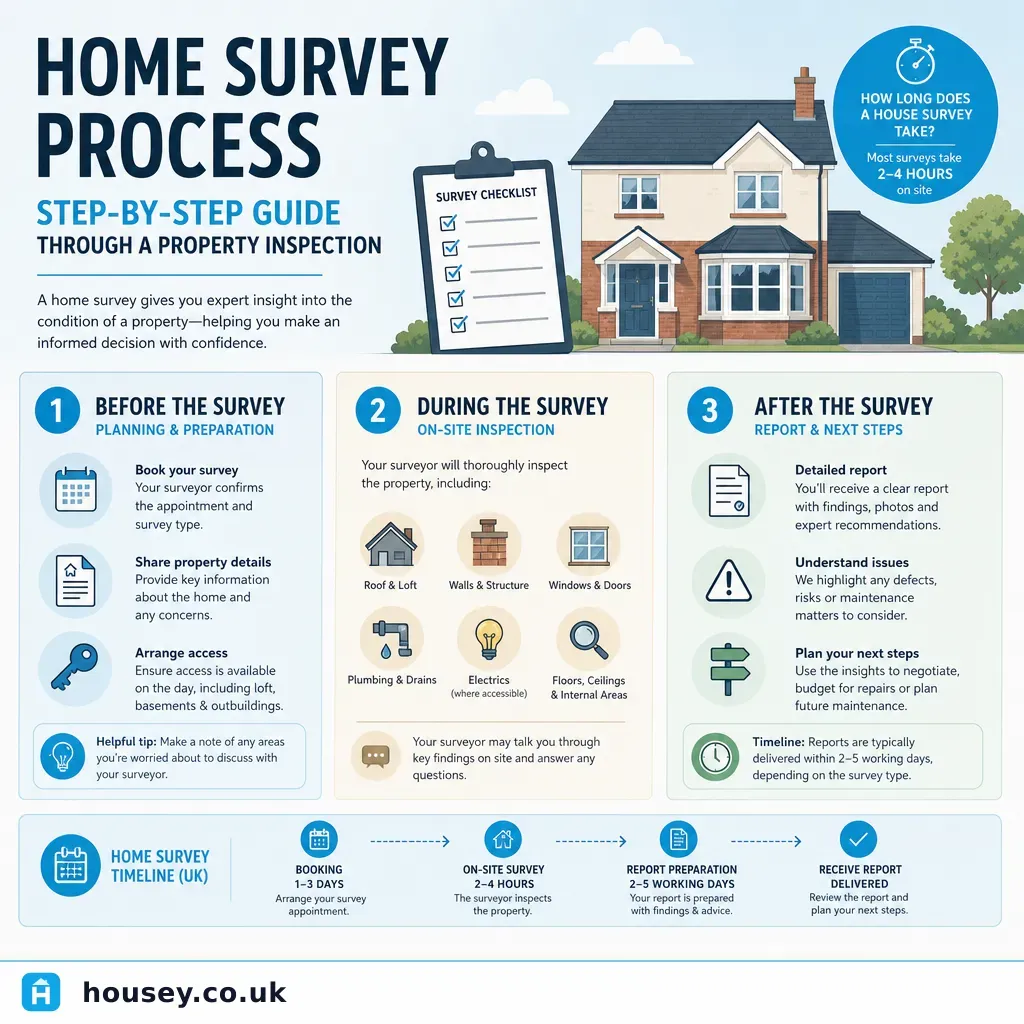 Infographic illustrating: Home Survey Process: Step-by-Step Guide Through a Property Inspection