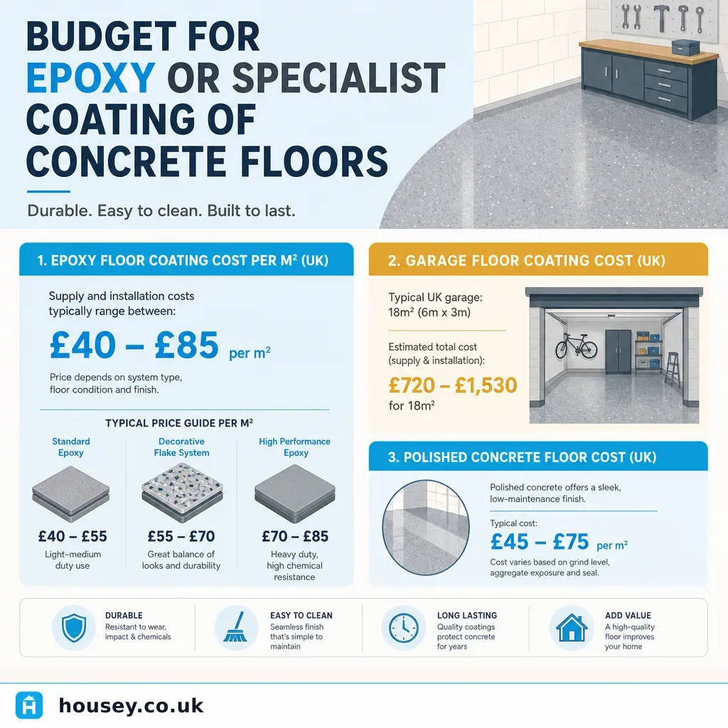 Infographic illustrating: Budget for Epoxy or Specialist Coating of Concrete Floors