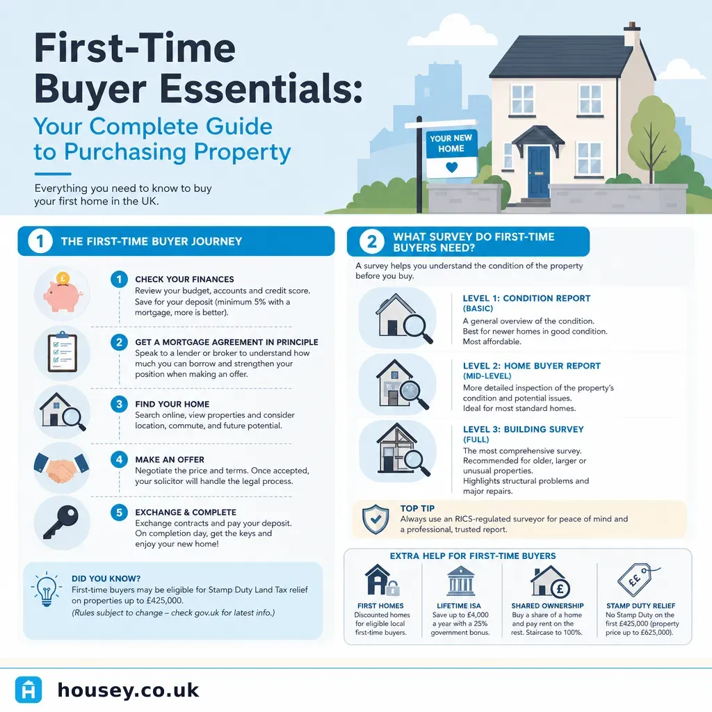 Infographic illustrating: First-Time Buyer Essentials: Your Complete Guide to Purchasing Property