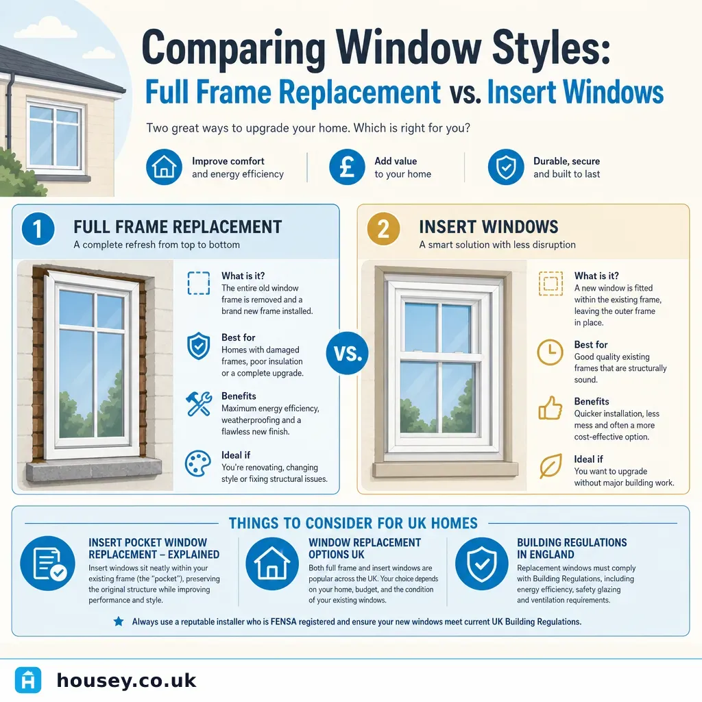 Infographic illustrating: Comparing Window Styles: Full Frame Replacement vs. Insert Windows