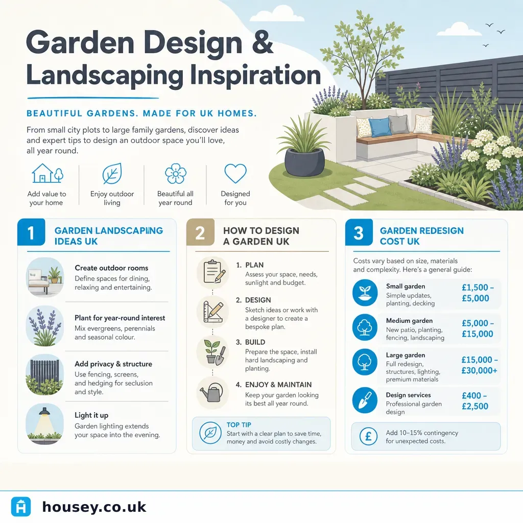 Infographic illustrating: Garden Design and Landscaping Inspiration