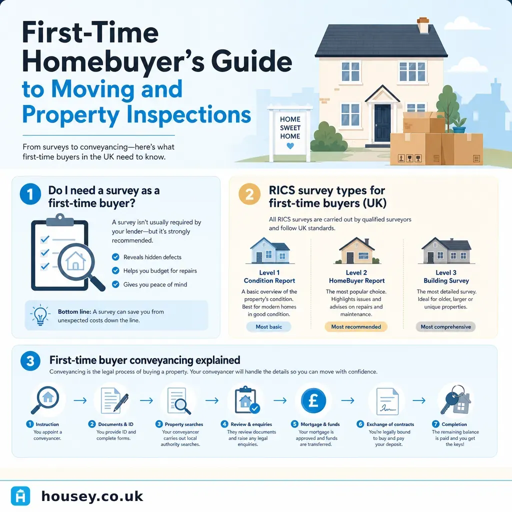 Infographic illustrating: First-Time Homebuyer's Guide to Moving and Property Inspections