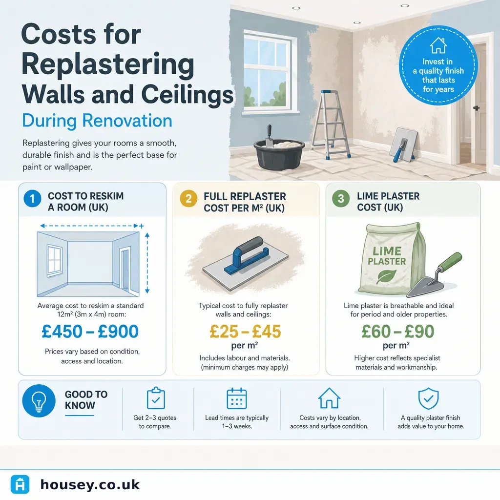 Infographic illustrating: Costs for Replastering Walls and Ceilings During Renovation
