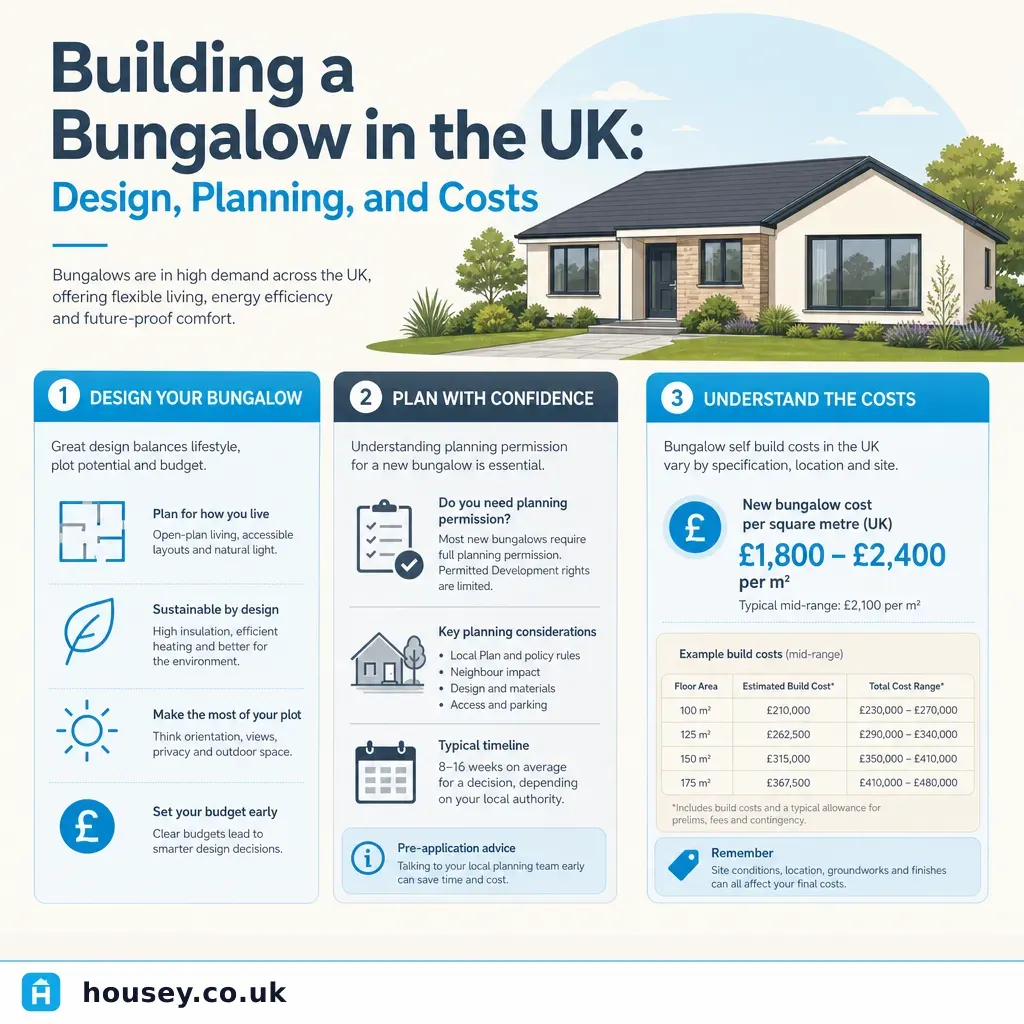 Infographic illustrating: Building a Bungalow in the UK: Design, Planning, and Costs