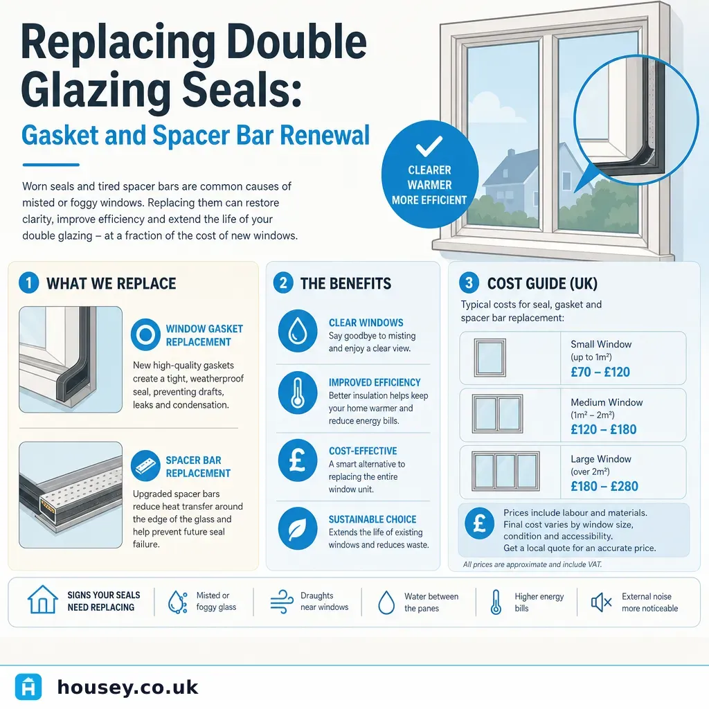 Infographic illustrating: Replacing Double Glazing Seals: Gasket and Spacer Bar Renewal