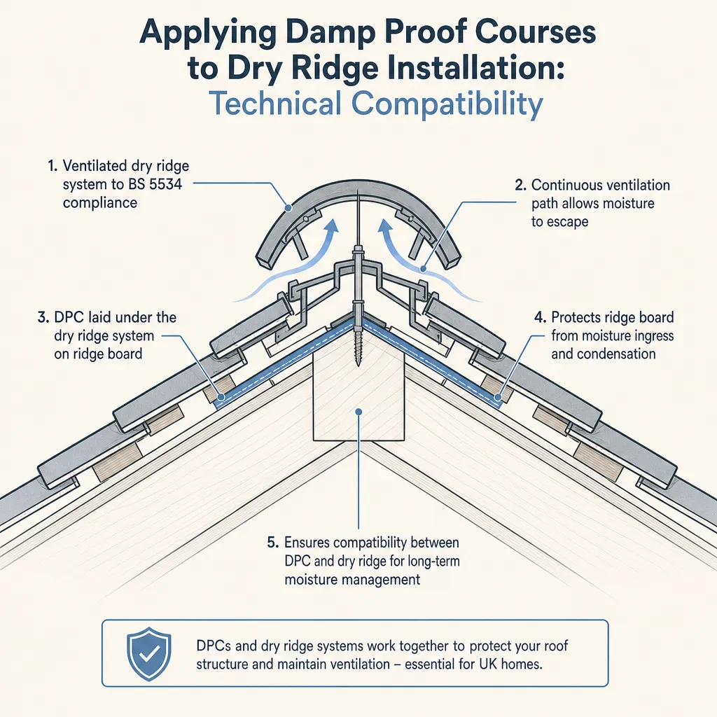 Diagram illustrating: Applying Damp Proof Courses to Dry Ridge Installation: Technical Compatibility