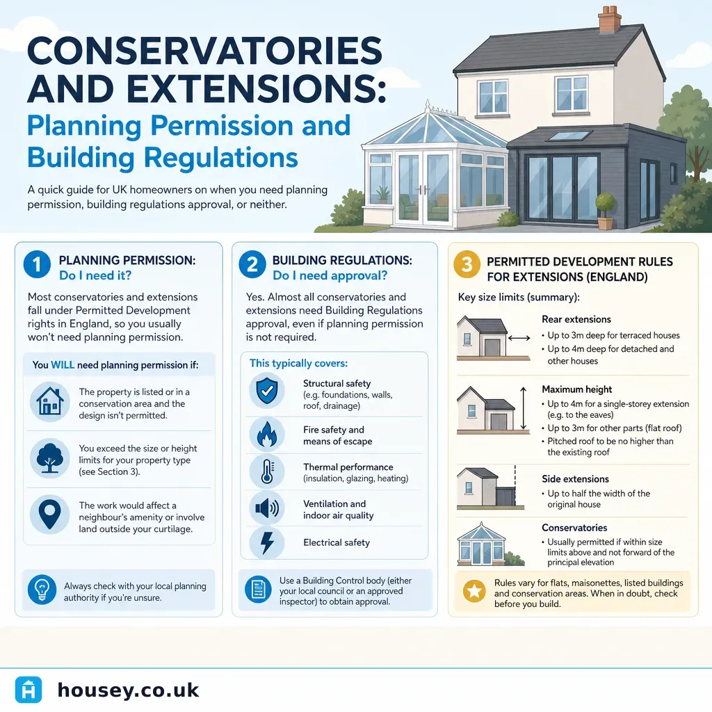 Infographic illustrating: Conservatories and Extensions: Planning Permission and Building Regulations