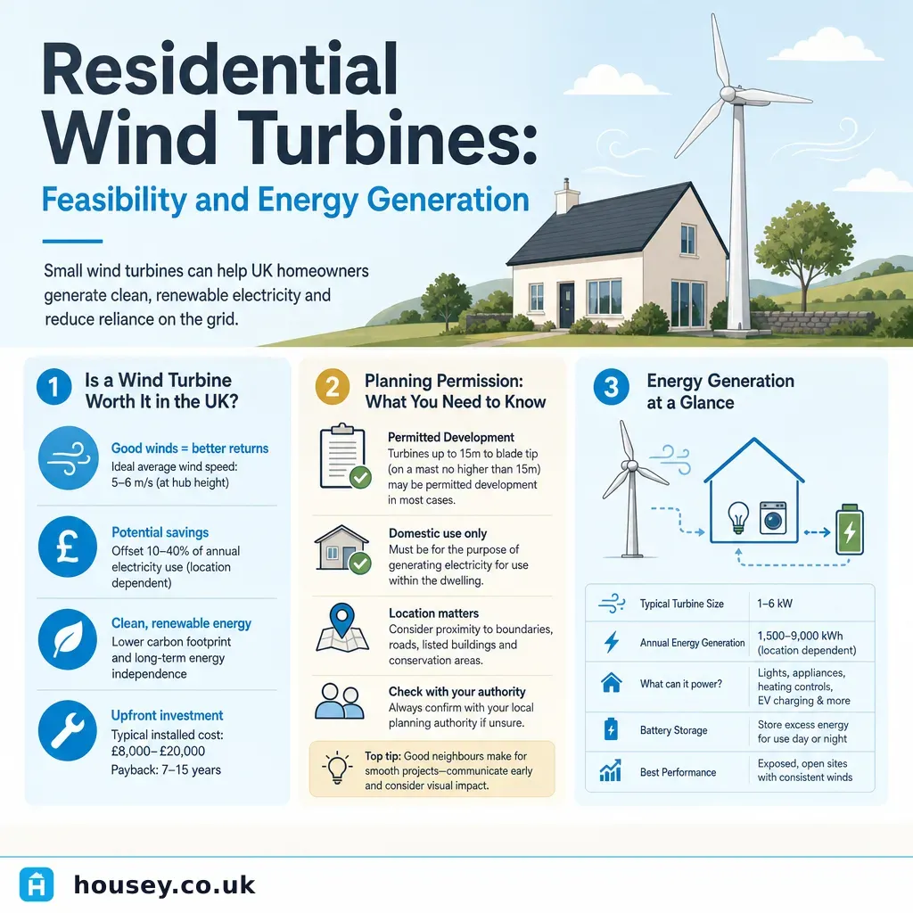 Infographic illustrating: Residential Wind Turbines: Feasibility and Energy Generation