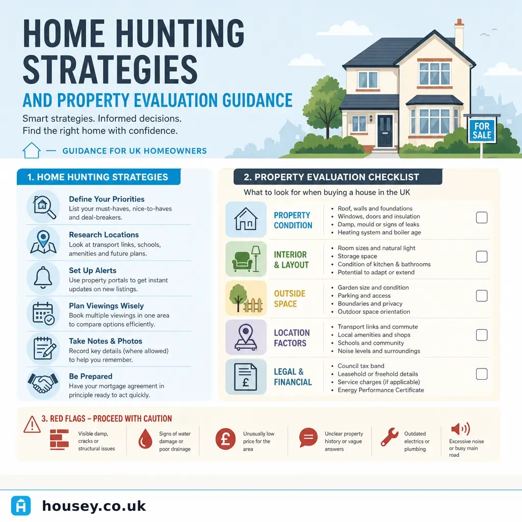 Infographic illustrating: Home Hunting Strategies and Property Evaluation Guidance