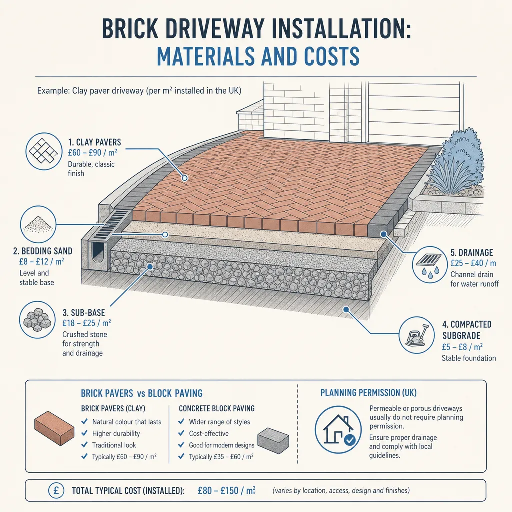 Diagram illustrating: Brick Driveway Installation: Materials and Costs