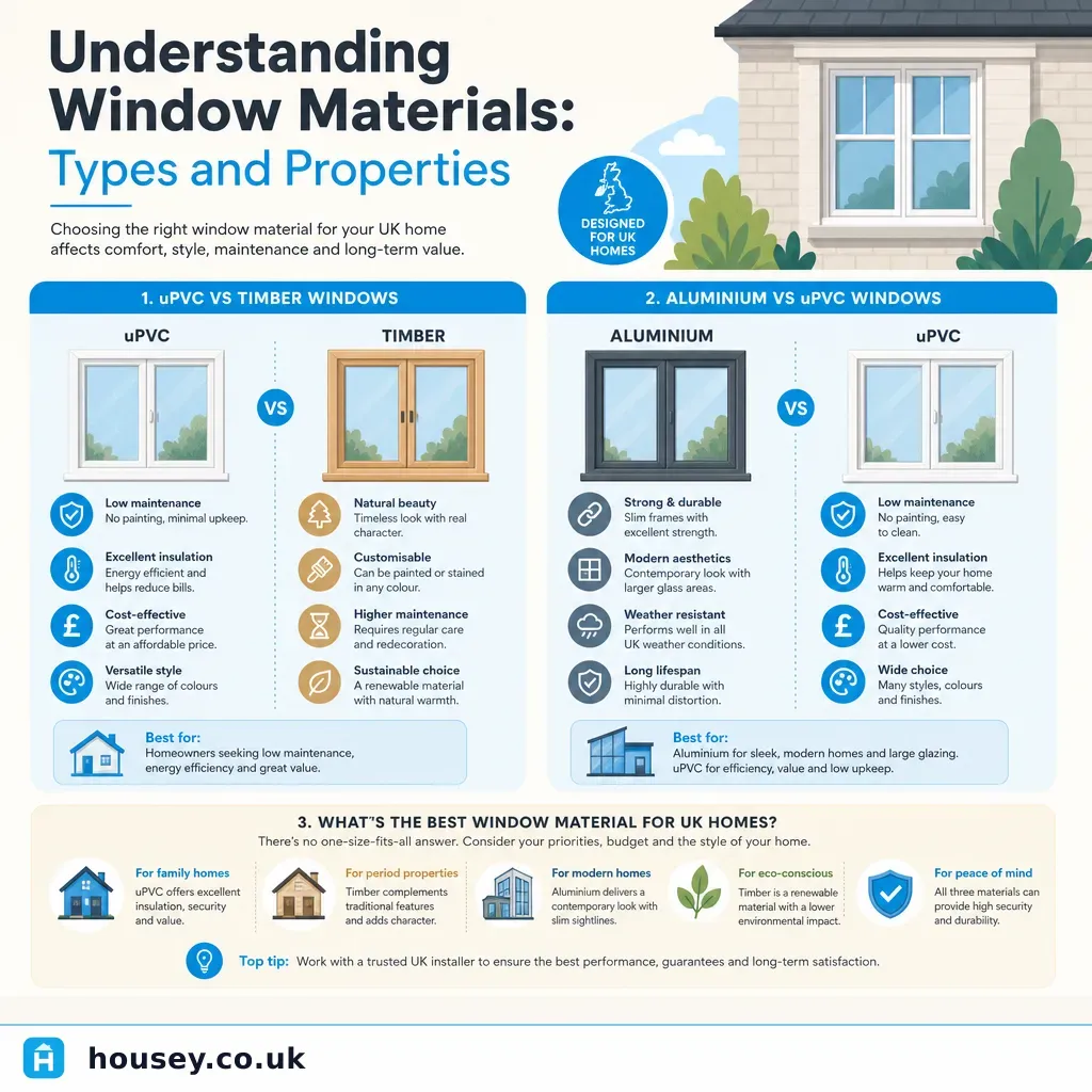 Infographic illustrating: Understanding Window Materials: Types and Properties
