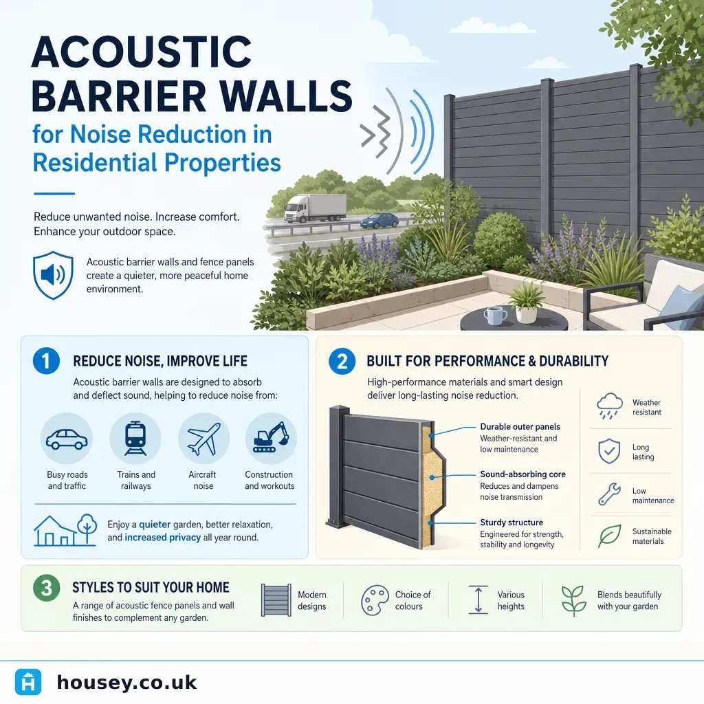 Infographic illustrating: Acoustic Barrier Walls for Noise Reduction in Residential Properties