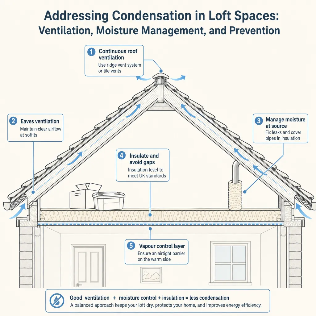 Diagram illustrating: Addressing Condensation in Loft Spaces: Ventilation, Moisture Management, and Prevention
