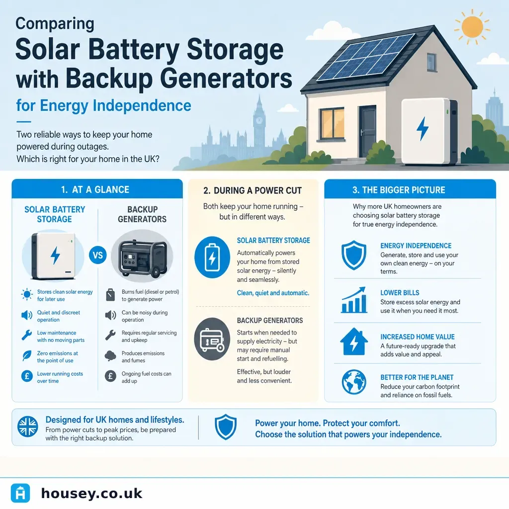 Infographic illustrating: Comparing Solar Battery Storage with Backup Generators for Energy Independence