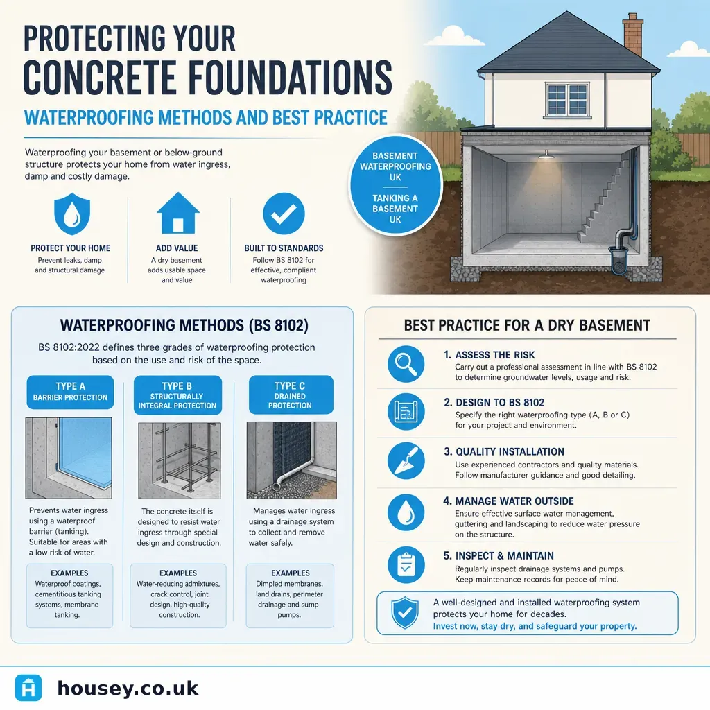 Infographic illustrating: Protecting Your Concrete Foundations: Waterproofing Methods and Best Practice