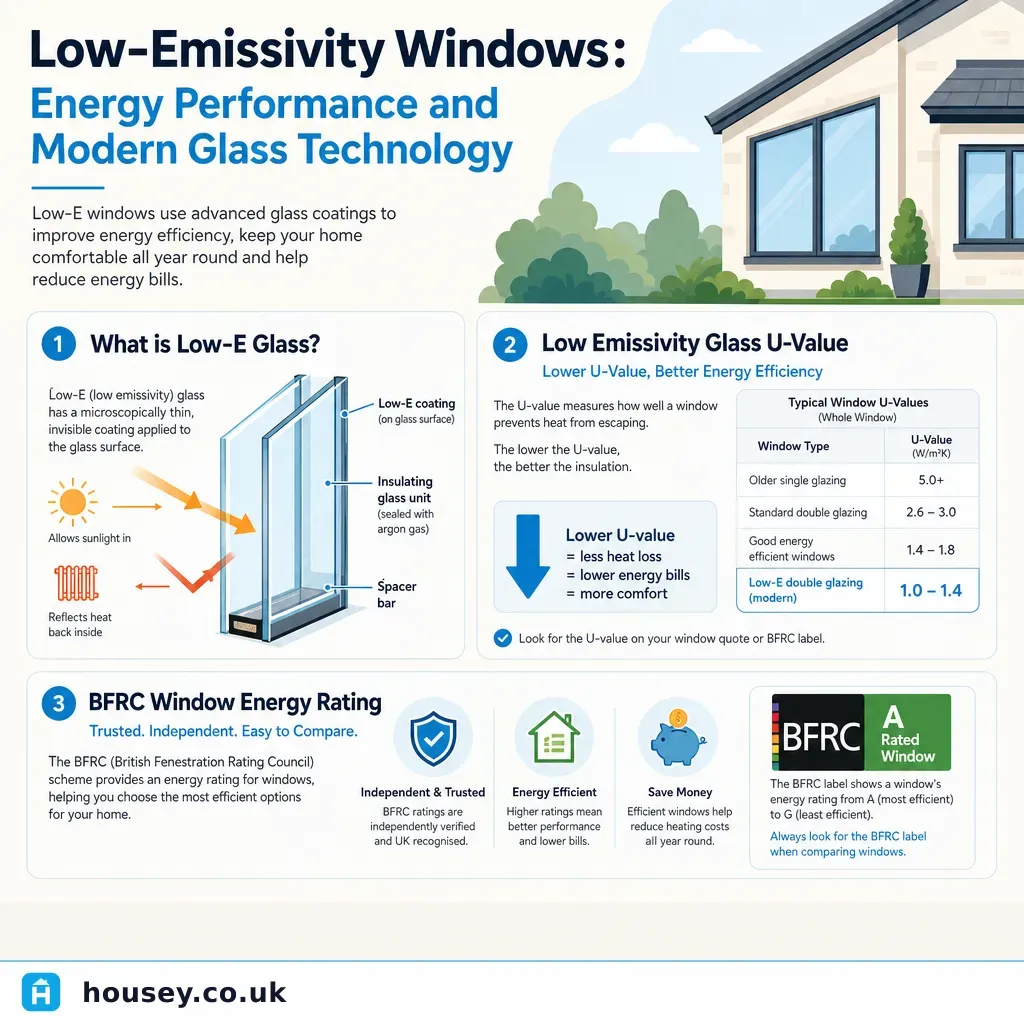 Infographic illustrating: Low-Emissivity Windows: Energy Performance and Modern Glass Technology