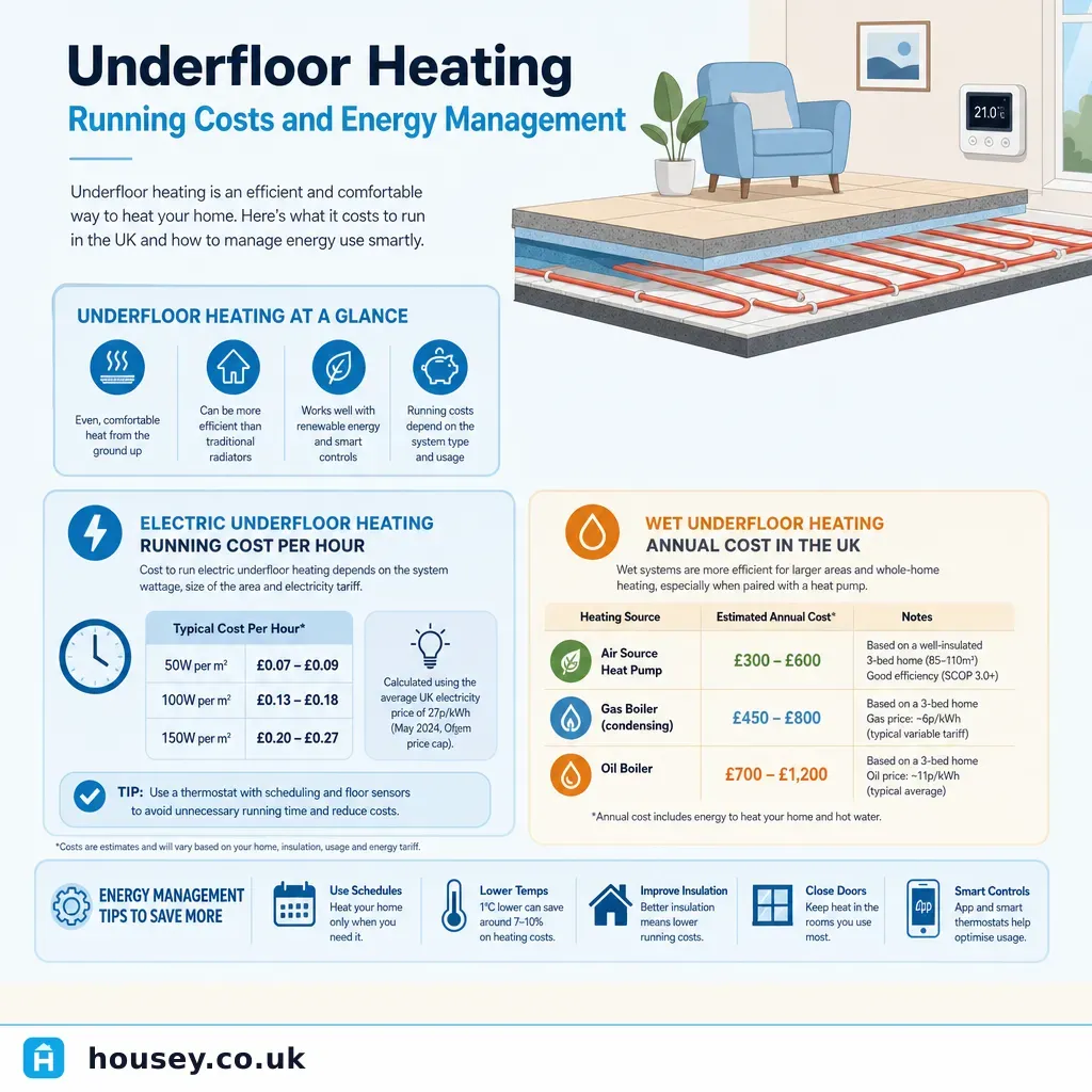 Infographic illustrating: Underfloor Heating Running Costs and Energy Management
