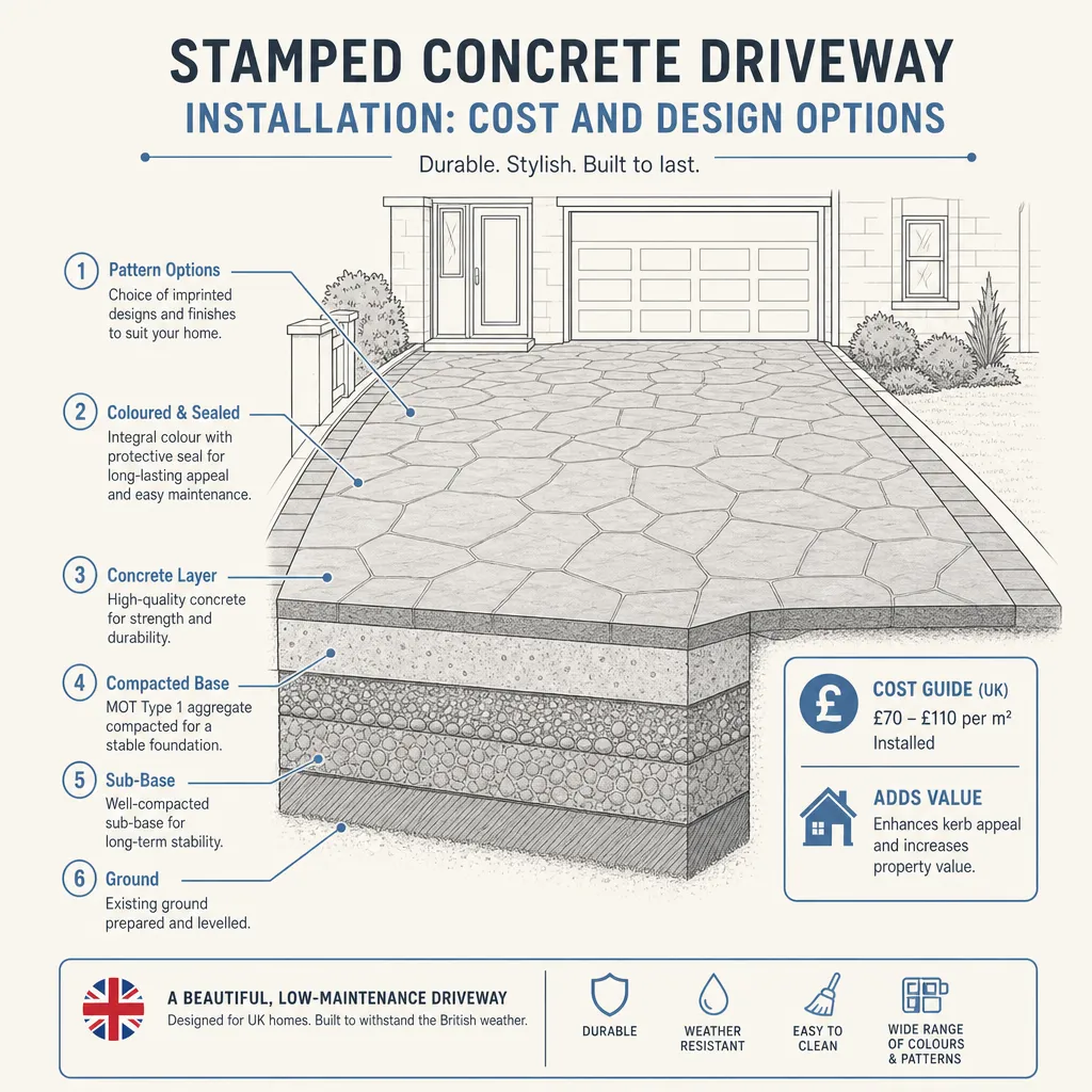 Diagram illustrating: Stamped Concrete Driveway Installation: Cost and Design Options