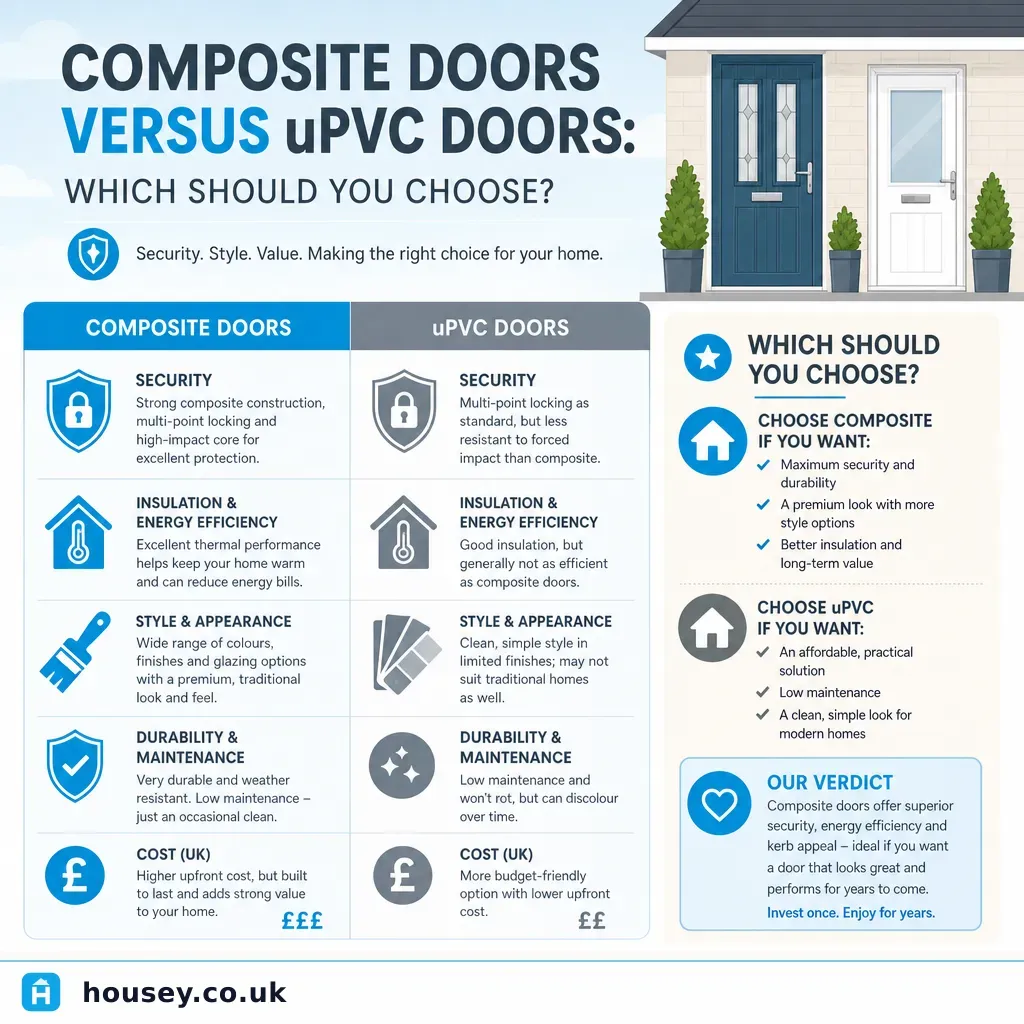 Infographic illustrating: Composite doors versus uPVC doors: which should you choose?
