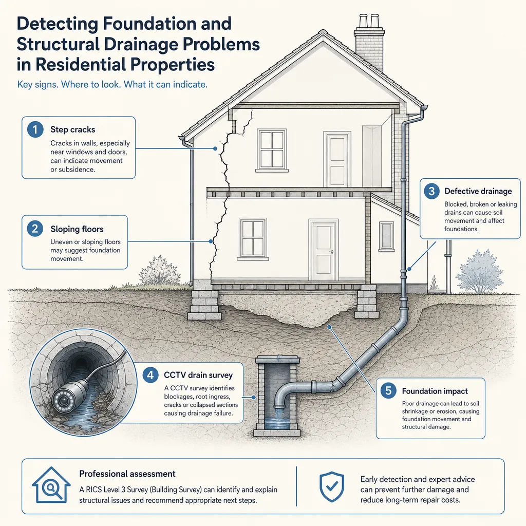Diagram illustrating: Detecting Foundation and Structural Drainage Problems in Residential Properties