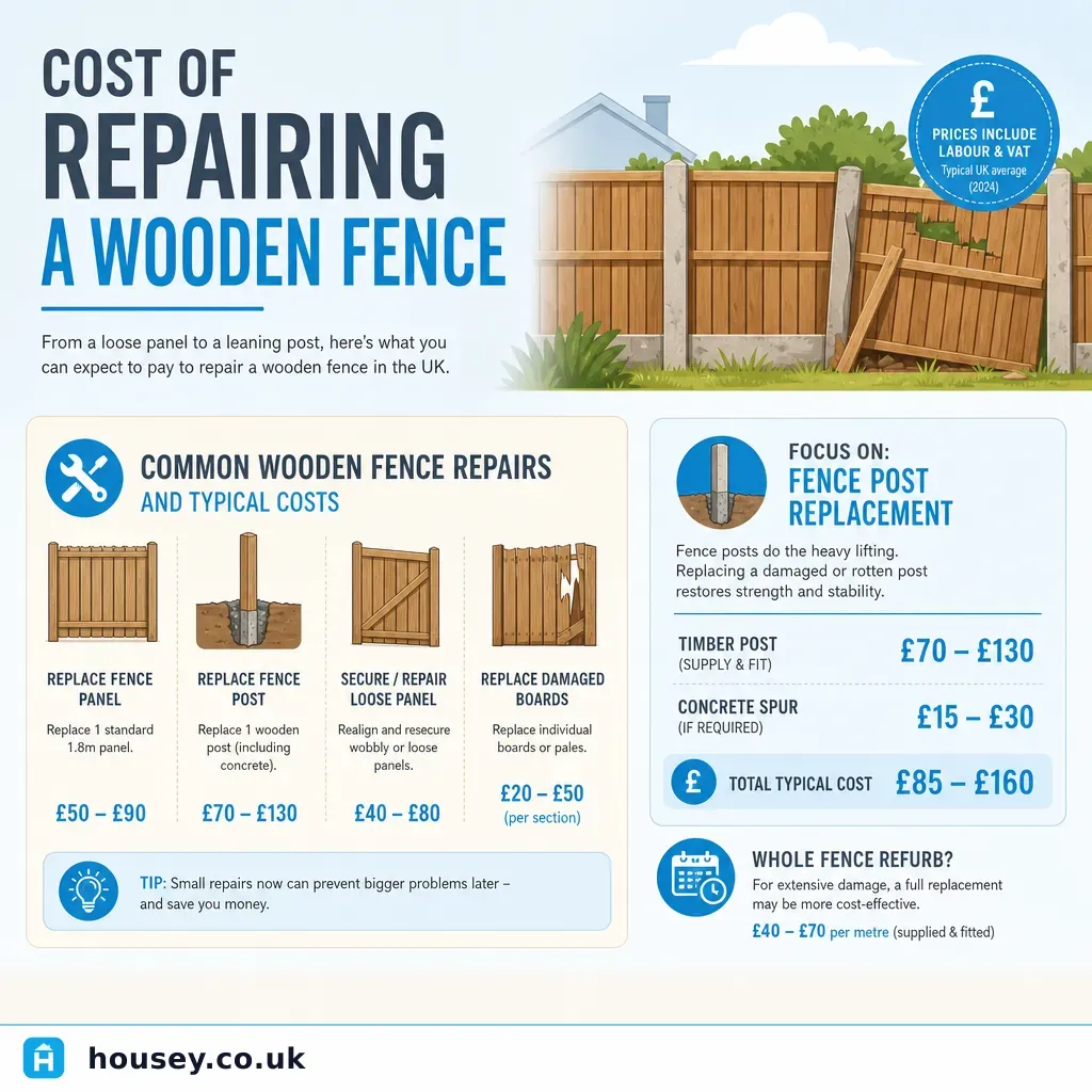 Infographic illustrating: Cost of repairing a wooden fence