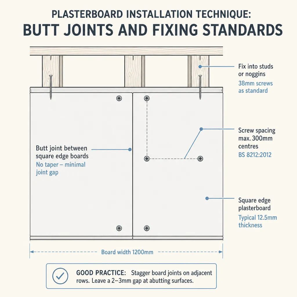 Diagram illustrating: Plasterboard Installation Technique: Butt Joints and Fixing Standards