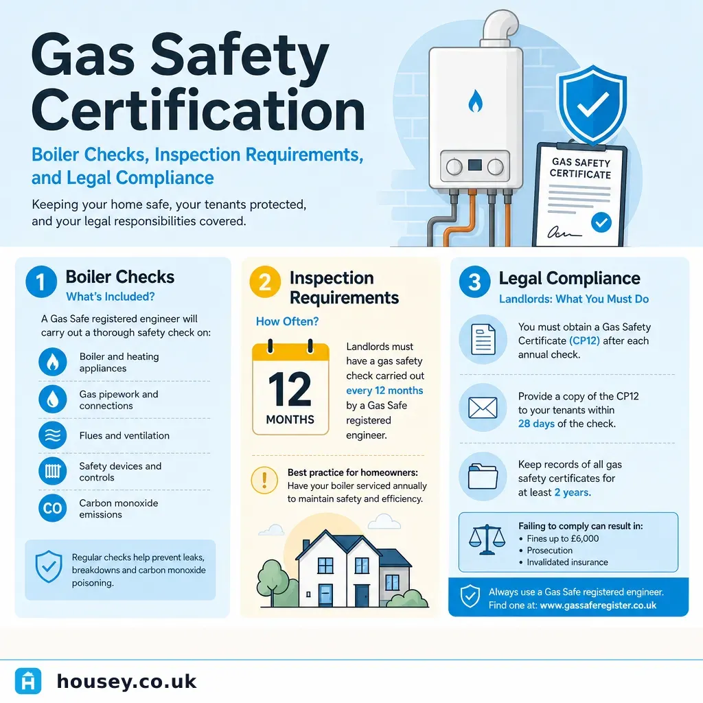 Infographic illustrating: Gas Safety Certification: Boiler Checks, Inspection Requirements, and Legal Compliance
