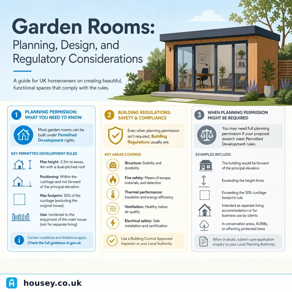 Infographic illustrating: Garden Rooms: Planning, Design, and Regulatory Considerations
