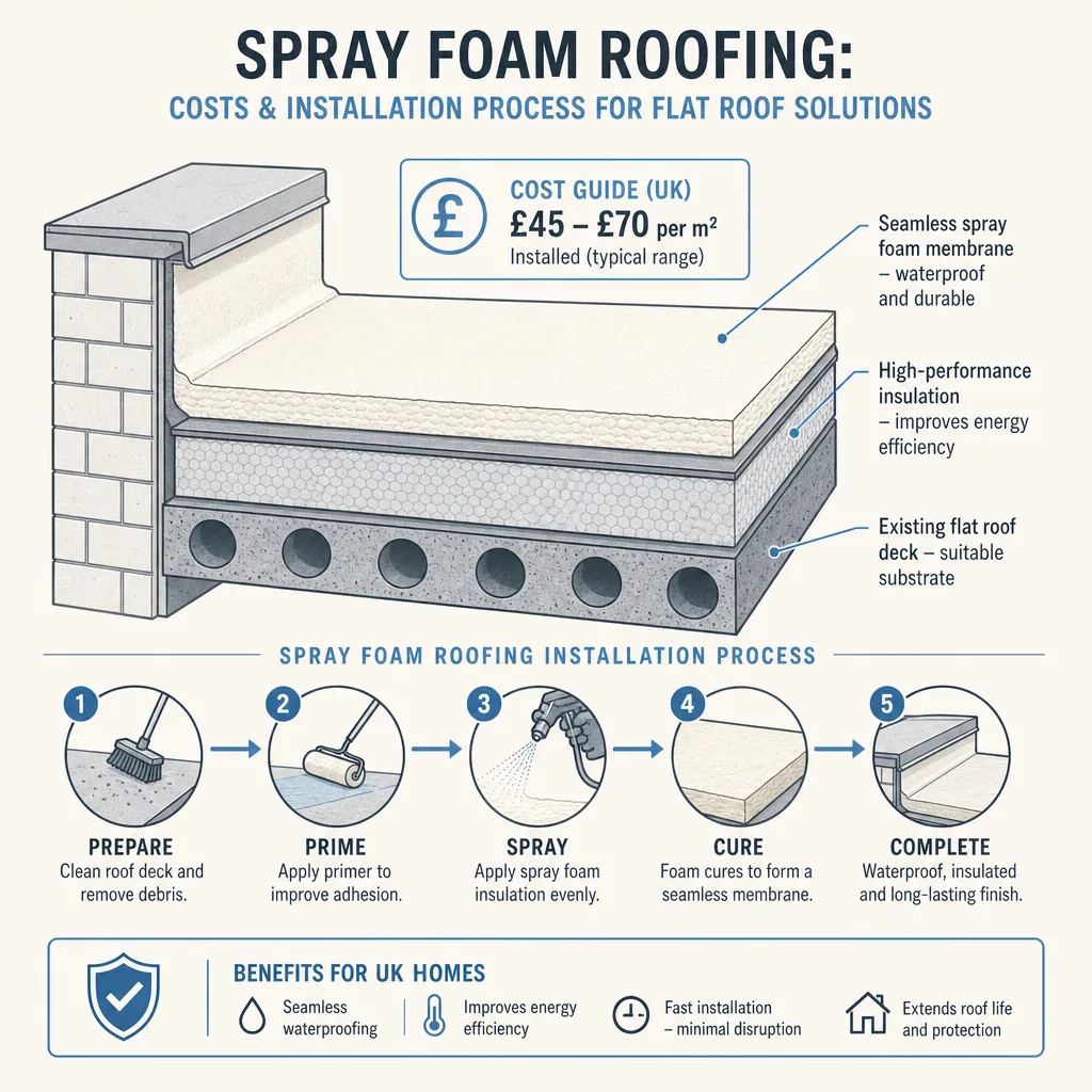 Diagram illustrating: Spray foam roofing: costs and installation process for flat roof solutions