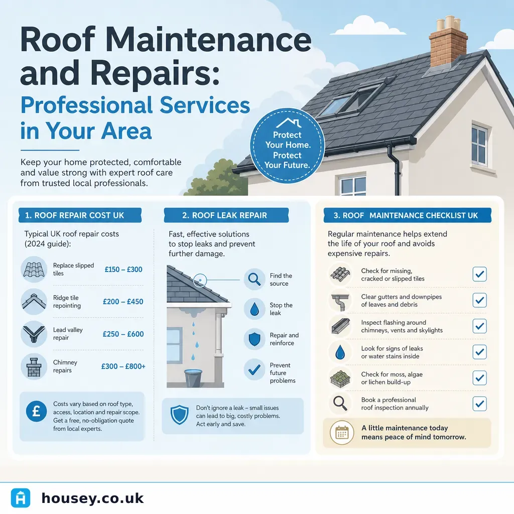Infographic illustrating: Roof Maintenance and Repairs: Professional Services in Your Area