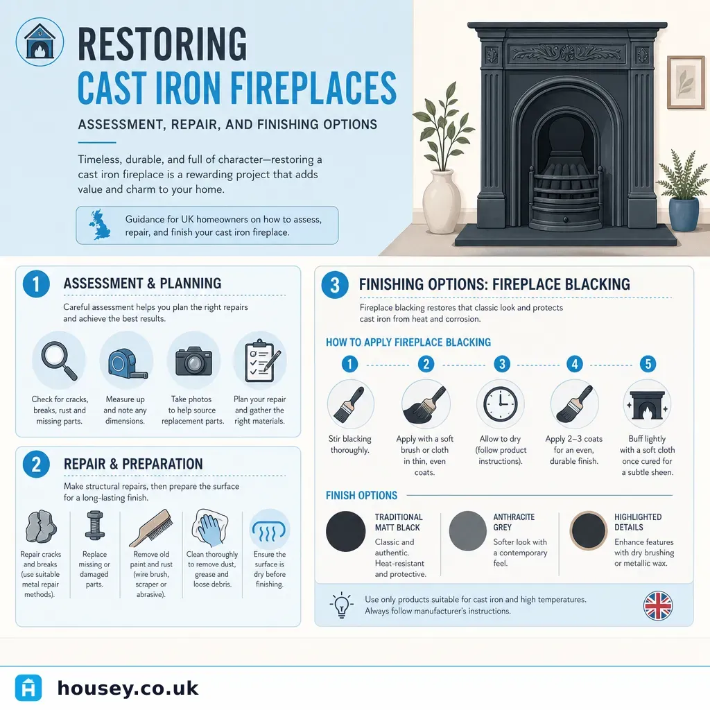 Infographic illustrating: Restoring Cast Iron Fireplaces: Assessment, Repair, and Finishing Options