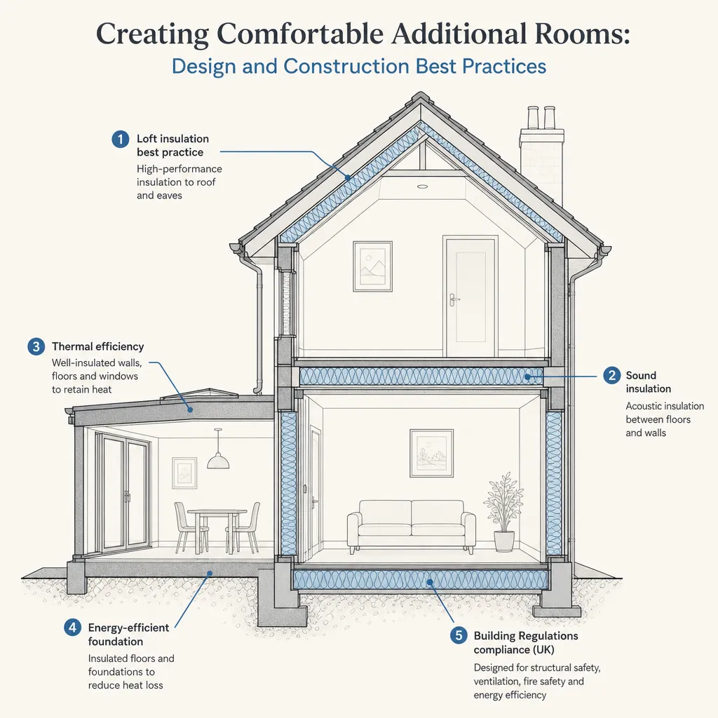 Diagram illustrating: Creating Comfortable Additional Rooms: Design and Construction Best Practices