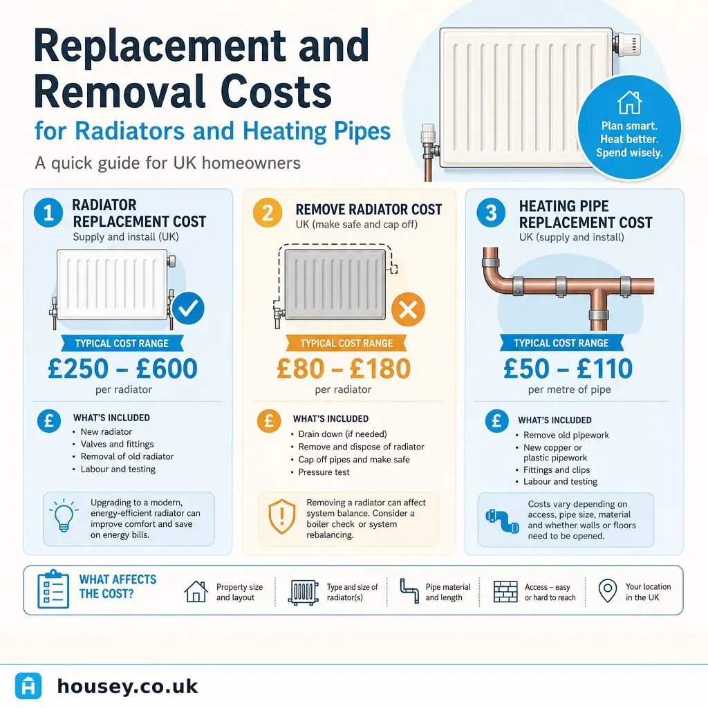 Infographic illustrating: Replacement and Removal Costs for Radiators and Heating Pipes