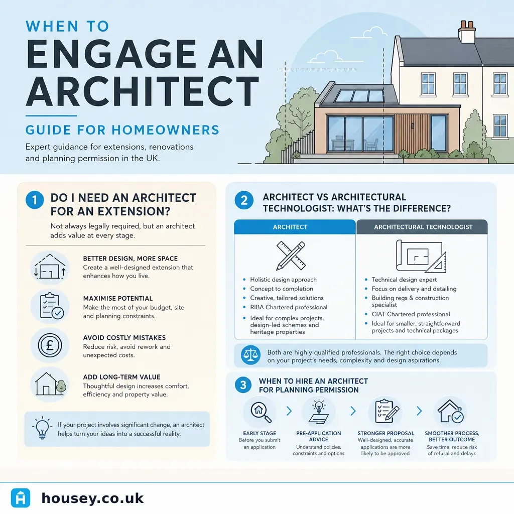 Infographic illustrating: When to Engage an Architect: Guide for Homeowners