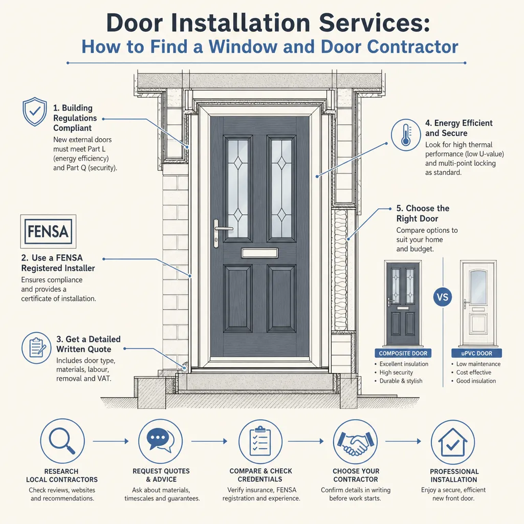 Diagram illustrating: Door Installation Services: How to Find a Window and Door Contractor