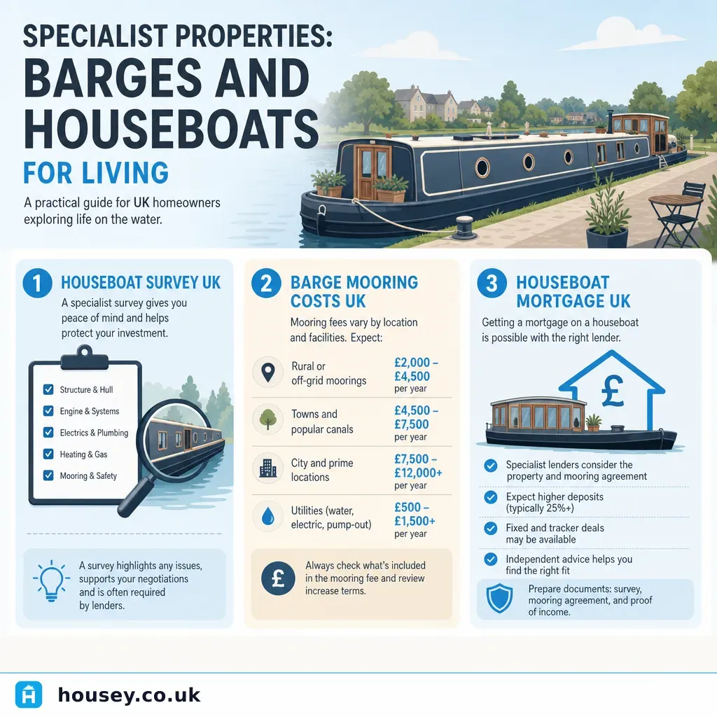 Infographic illustrating: Specialist Properties: Barges and Houseboats for Living