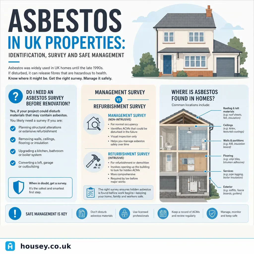 Infographic illustrating: Asbestos in UK Properties: Identification, Survey and Safe Management