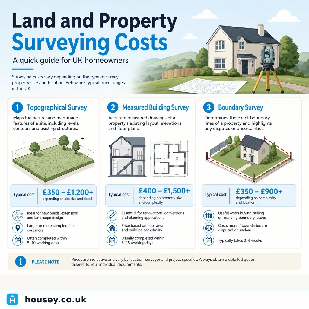 Infographic illustrating: Land and Property Surveying Costs