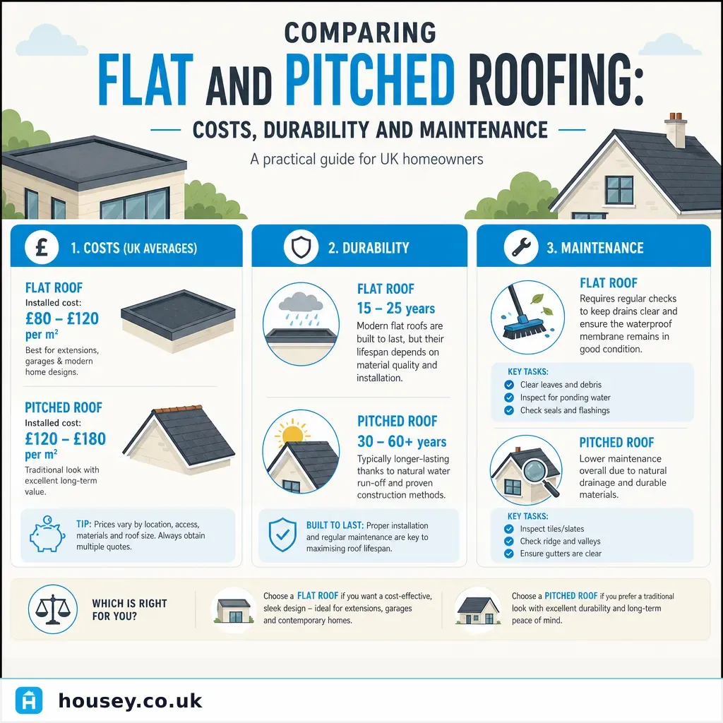 Infographic illustrating: Comparing Flat and Pitched Roofing: Costs, Durability and Maintenance