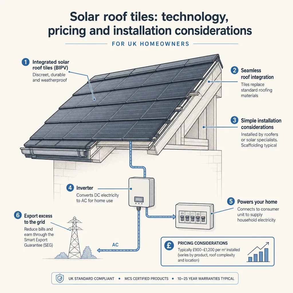 Diagram illustrating: Solar roof tiles: technology, pricing and installation considerations