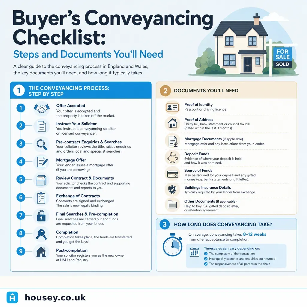 Infographic illustrating: Buyer's Conveyancing Checklist: Steps and Documents You'll Need
