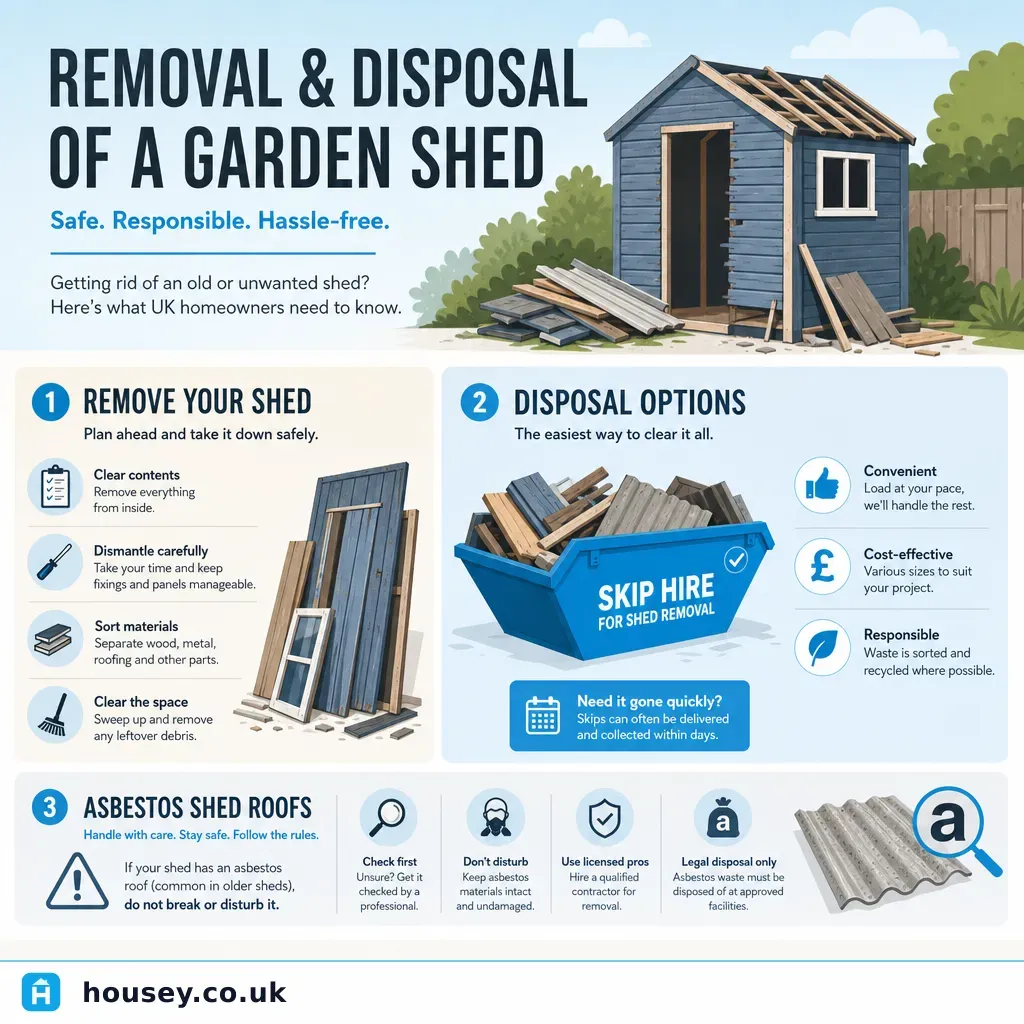 Infographic illustrating: Removal and Disposal of a Garden Shed