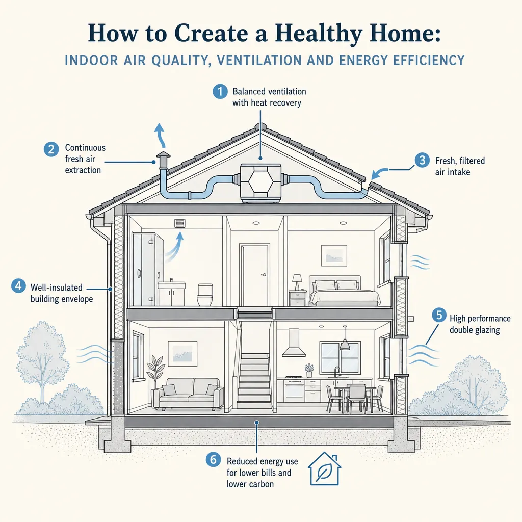Diagram illustrating: How to Create a Healthy Home: Indoor Air Quality, Ventilation and Energy Efficiency