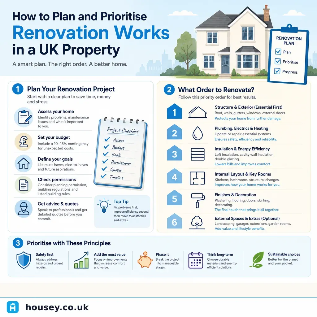 Infographic illustrating: How to Plan and Prioritise Renovation Works in a UK Property