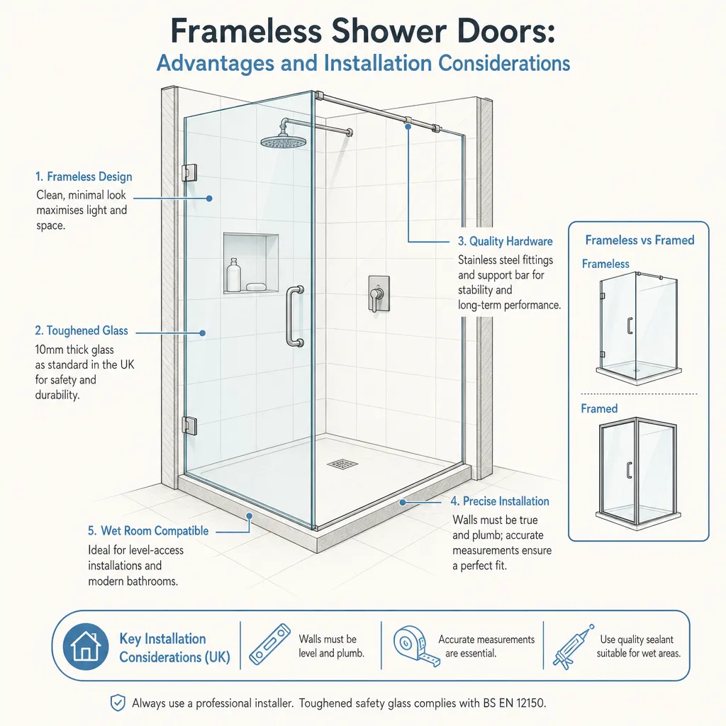 Diagram illustrating: Frameless Shower Doors: Advantages and Installation Considerations