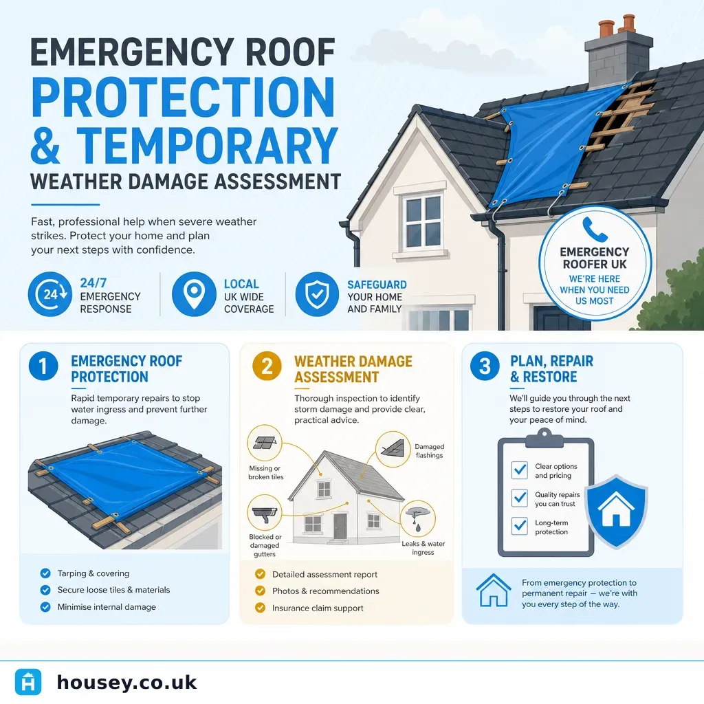 Infographic illustrating: Emergency Roof Protection and Temporary Weather Damage Assessment