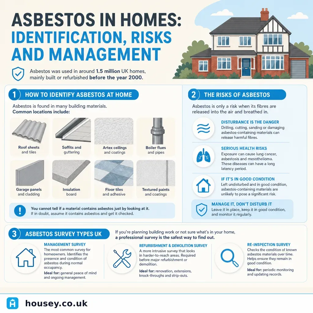 Infographic illustrating: Asbestos in homes: identification, risks and management