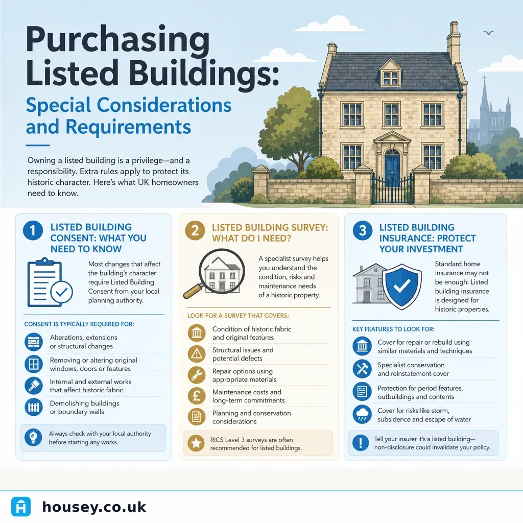 Infographic illustrating: Purchasing Listed Buildings: Special Considerations and Requirements